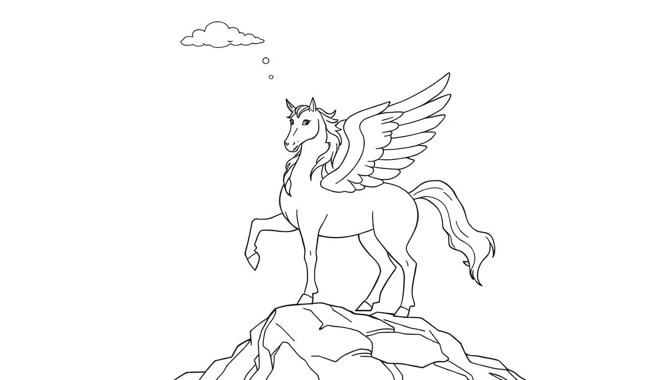 A black and white line drawing of a Pegasus with spread wings on a rocky peak, ready for its color panel.