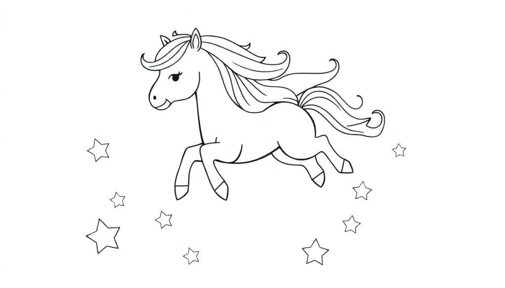 A black and white cartoon pony with a flowing mane and tail, galloping through sparkling stars, ready for a color panel adventure.