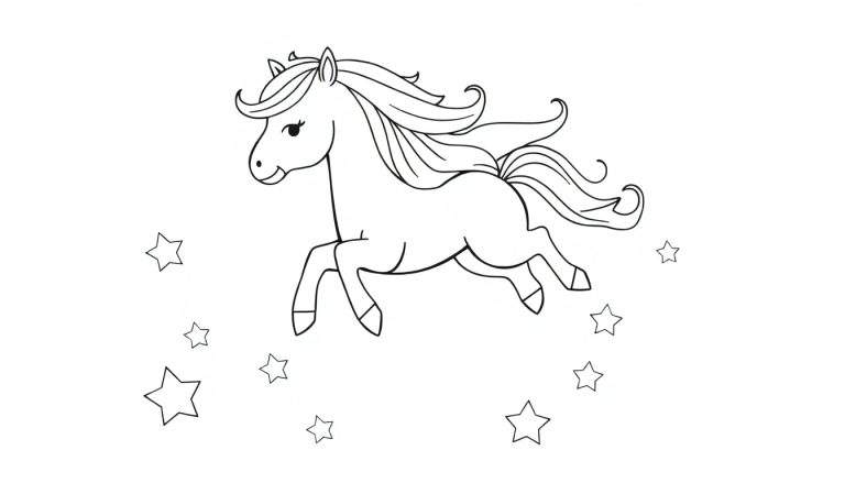 A black and white cartoon pony with a flowing mane and tail, galloping through sparkling stars, ready for a color panel adventure.