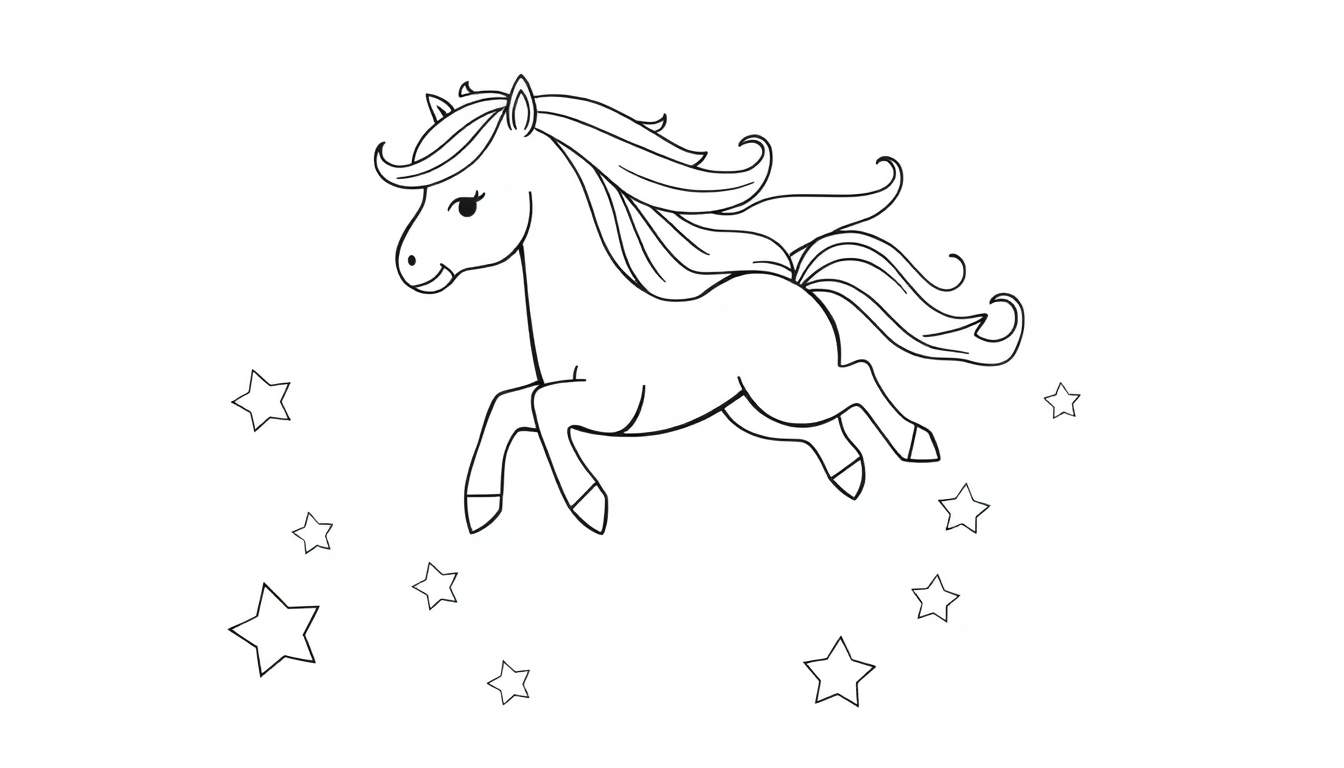 A black and white cartoon pony with a flowing mane and tail, galloping through sparkling stars, ready for a color panel adventure.