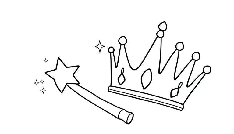 A magical color panel with a sparkling star wand and a royal crown.