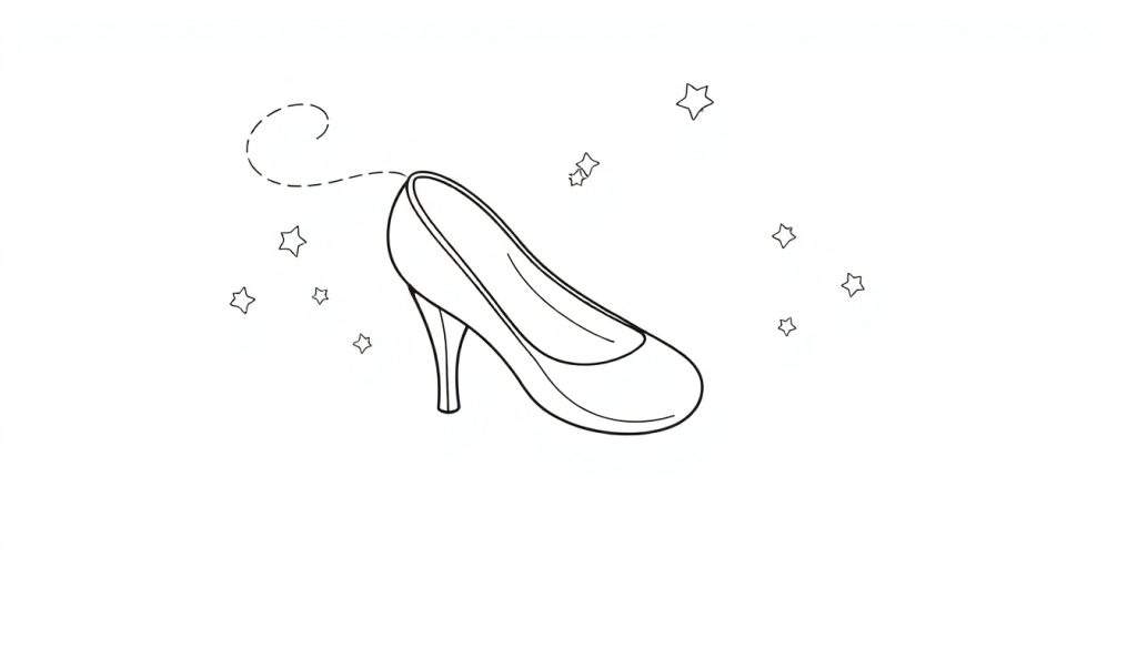 A black and white color panel drawing of a high-heeled shoe with a dotted motion line and stars, ready for coloring.
