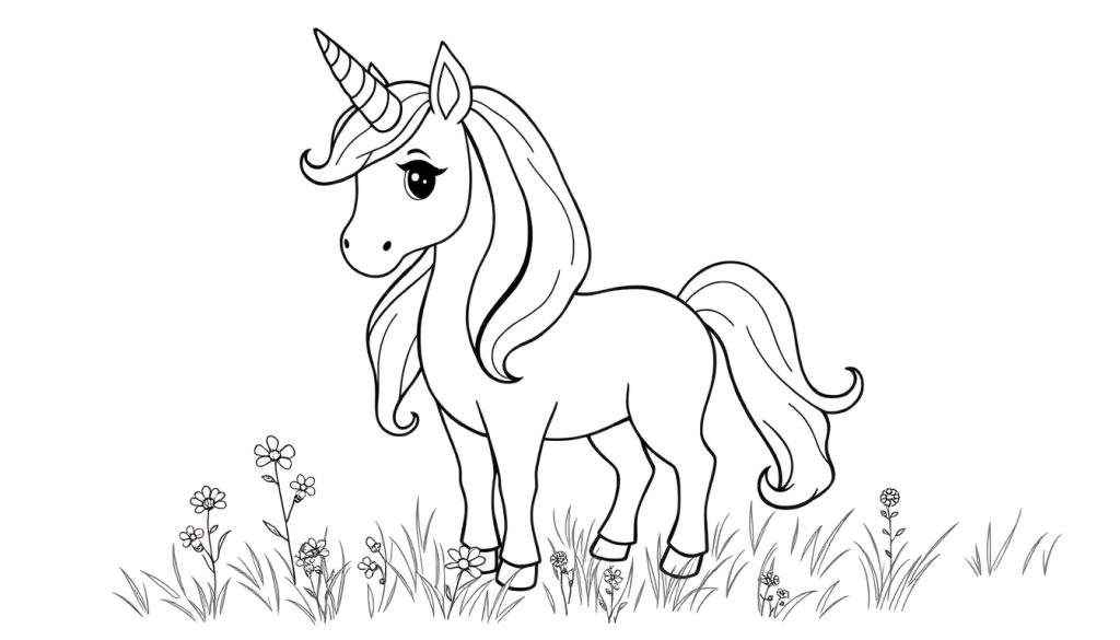 A black and white unicorn line art color panel with a flowing mane and tail, ready to be brought to life with color.
