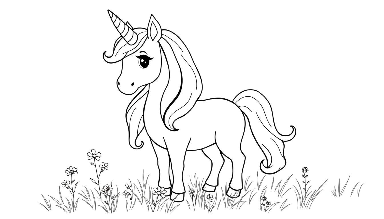 A black and white unicorn line art color panel with a flowing mane and tail, ready to be brought to life with color.