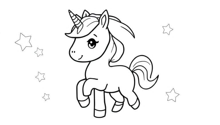 A cute cartoon unicorn in a black and white color panel illustration, surrounded by simple stars.