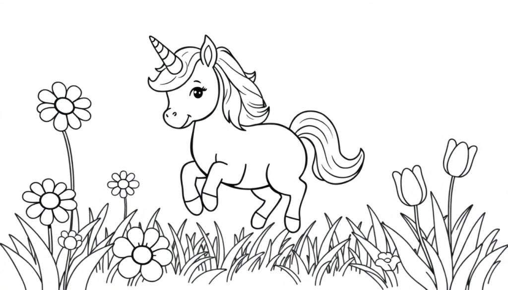 A cute baby unicorn in a black and white color panel, ready to be colored, surrounded by flowers and grass.