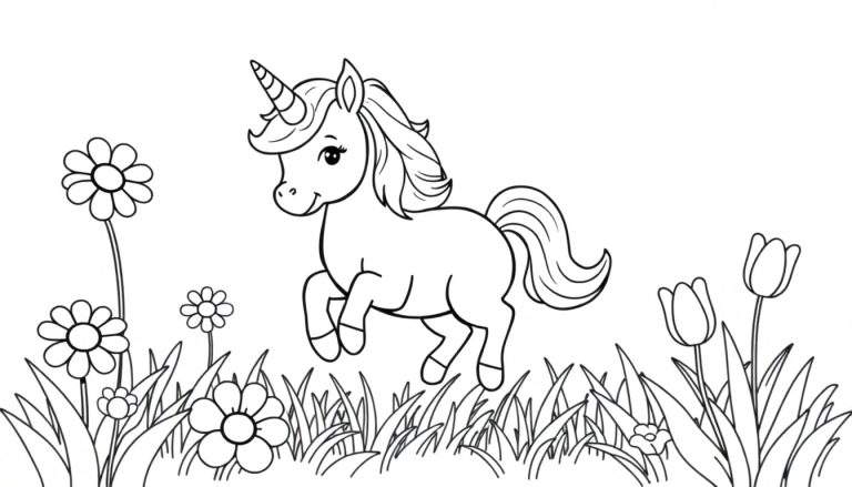 A cute baby unicorn in a black and white color panel, ready to be colored, surrounded by flowers and grass.
