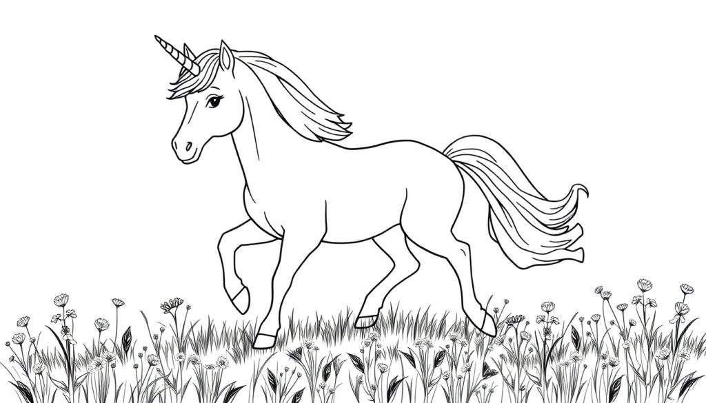 A black and white unicorn coloring page, ready for your creative color panel.