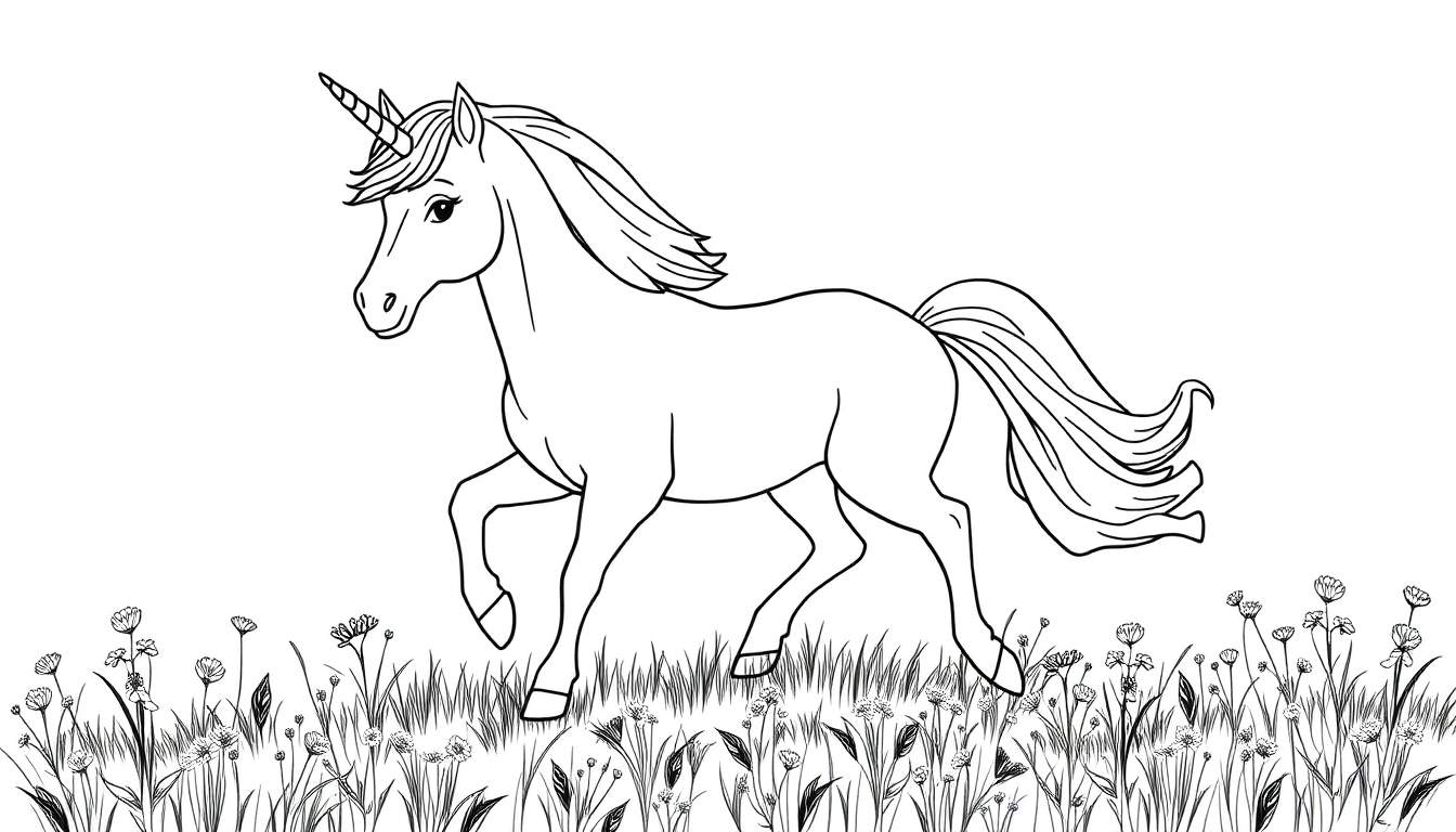 A black and white unicorn coloring page, ready for your creative color panel.