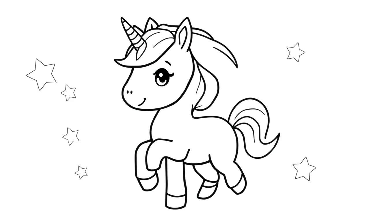 A cute cartoon unicorn in a black and white color panel illustration, surrounded by simple stars.