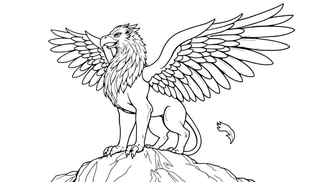 A majestic griffin outline, ready for coloring, on a rocky perch. This color panel is designed for young artists.