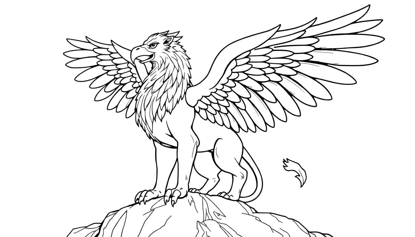 A majestic griffin outline, ready for coloring, on a rocky perch. This color panel is designed for young artists.