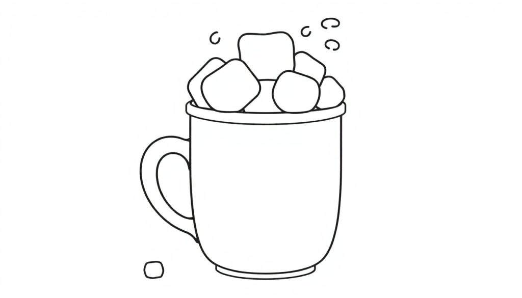 A cute black and white outline drawing of a mug overflowing with marshmallows, perfect for a color panel.