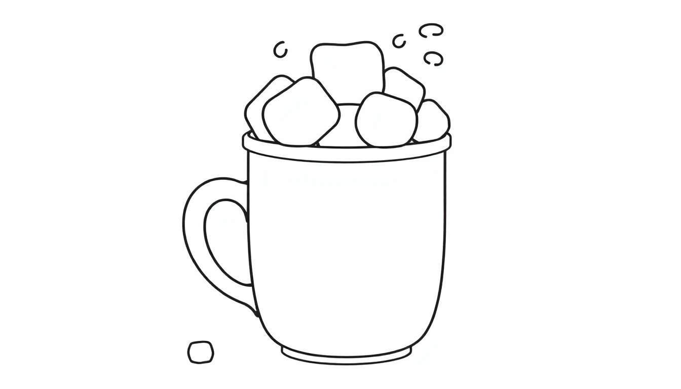 A cute black and white outline drawing of a mug overflowing with marshmallows, perfect for a color panel.