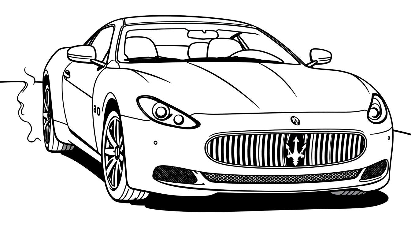A black and white line drawing of a Maserati sports car, a fun color panel for kids to imagine.