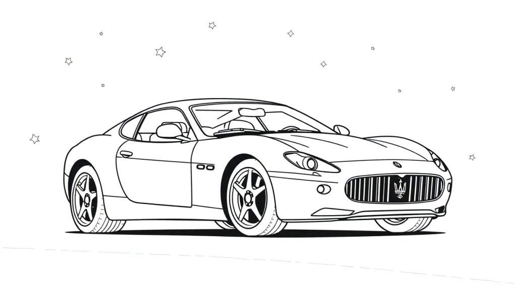 A line drawing of a sporty Maserati car, ready for coloring on a color panel.
