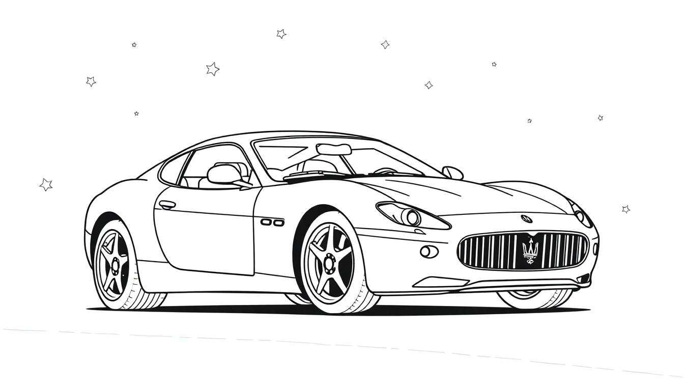 A line drawing of a sporty Maserati car, ready for coloring on a color panel.