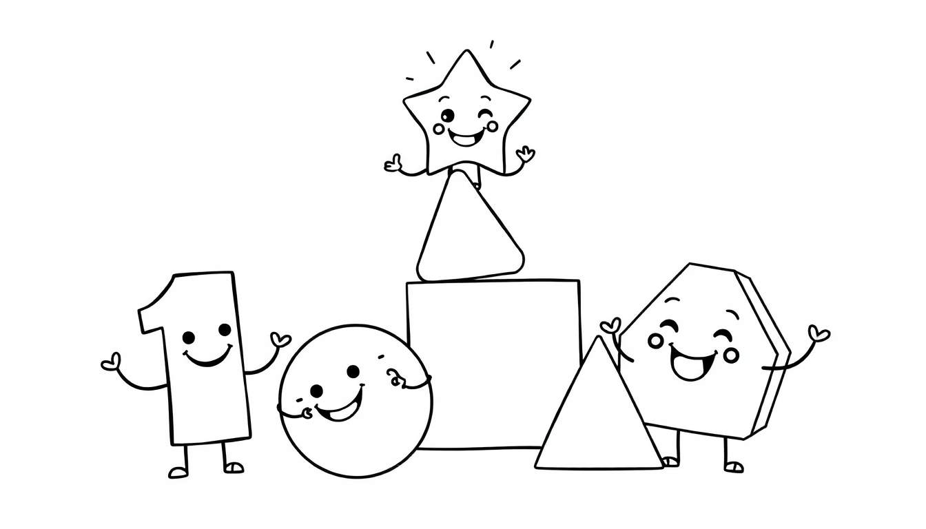 A friendly color panel showing numbers and shapes at a math party.