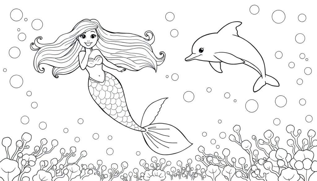 A happy mermaid and a dolphin swim together in a black and white color panel.