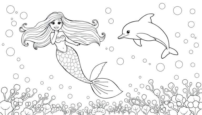 A happy mermaid and a dolphin swim together in a black and white color panel.