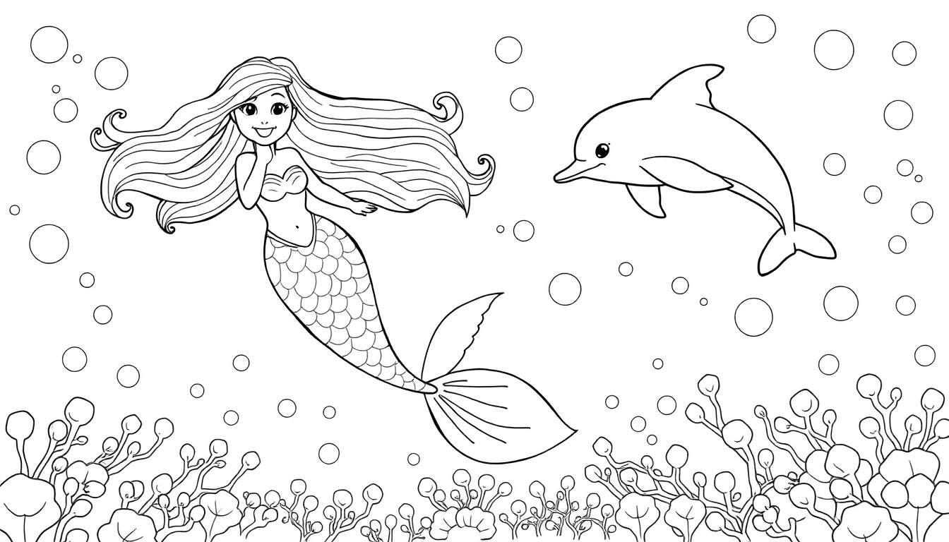 A happy mermaid and a dolphin swim together in a black and white color panel.