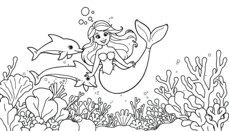 A black and white line drawing of a mermaid smiling with dolphins, presented as a color panel.