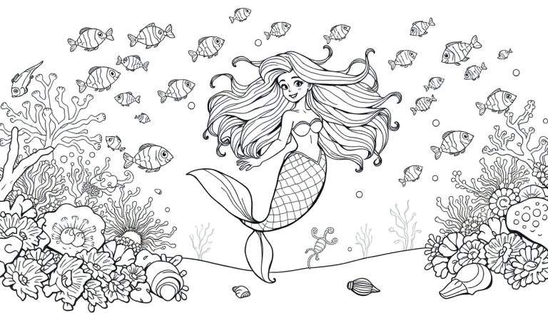 A black and white color panel drawing of a happy mermaid with flowing hair and a colorful tail, surrounded by playful fish and coral.