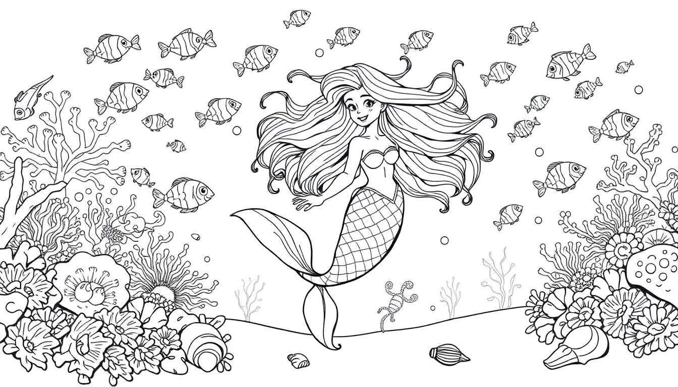 A black and white color panel drawing of a happy mermaid with flowing hair and a colorful tail, surrounded by playful fish and coral.