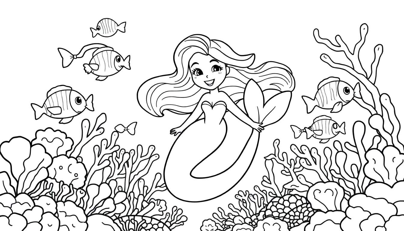A smiling mermaid with flowing hair in a black and white illustration, part of a color panel, surrounded by fish and coral.