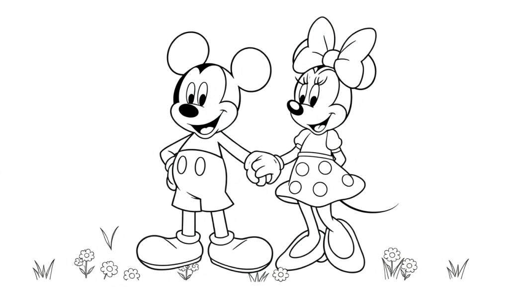 A black and white color panel of Mickey and Minnie Mouse holding hands and smiling in a field.