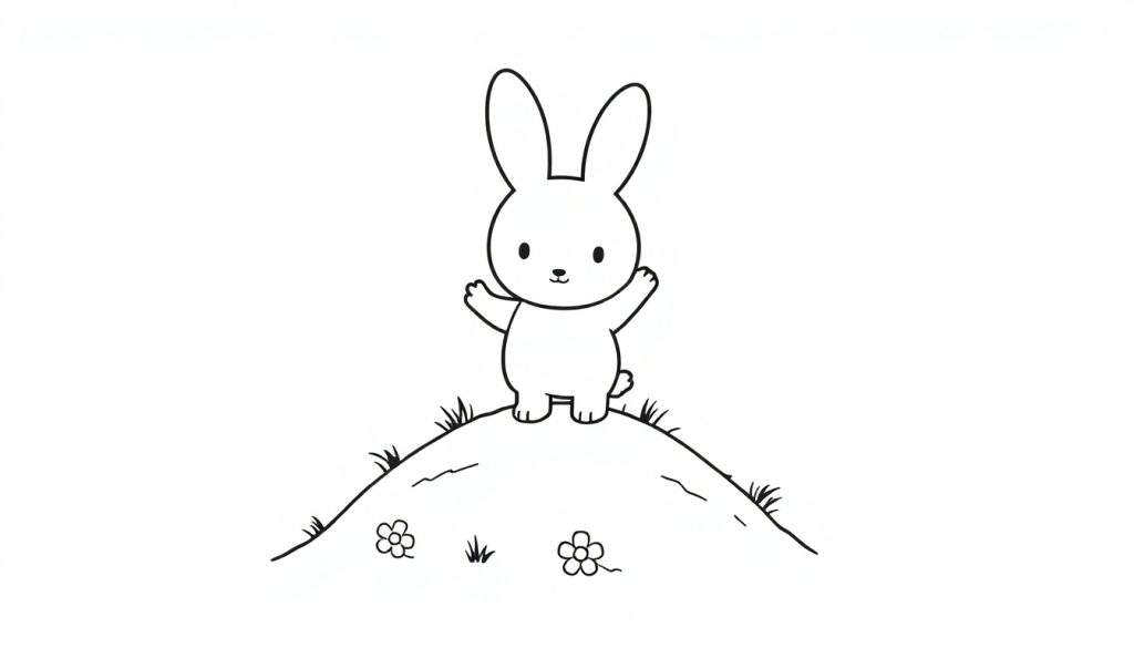 A cute bunny, Miffy, in a black and white outline color panel, ready to be colored.