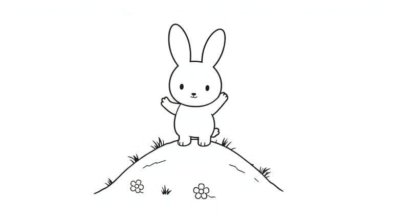 A cute bunny, Miffy, in a black and white outline color panel, ready to be colored.