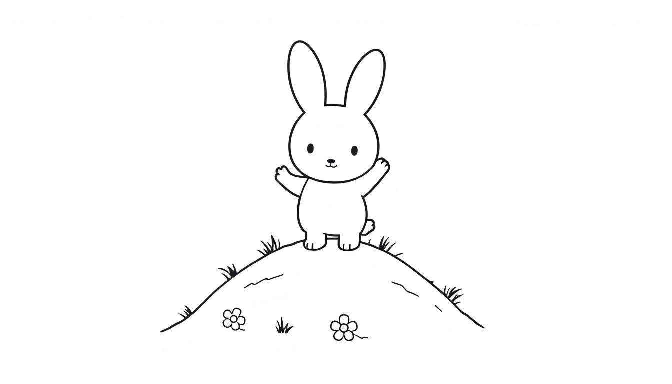 A cute bunny, Miffy, in a black and white outline color panel, ready to be colored.