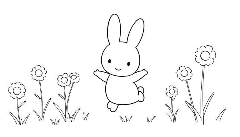 Miffy the bunny joyfully hopping in a flower field, a simple black and white color panel.