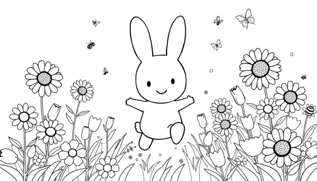 A happy Miffy bunny hopping in a flower field color panel.