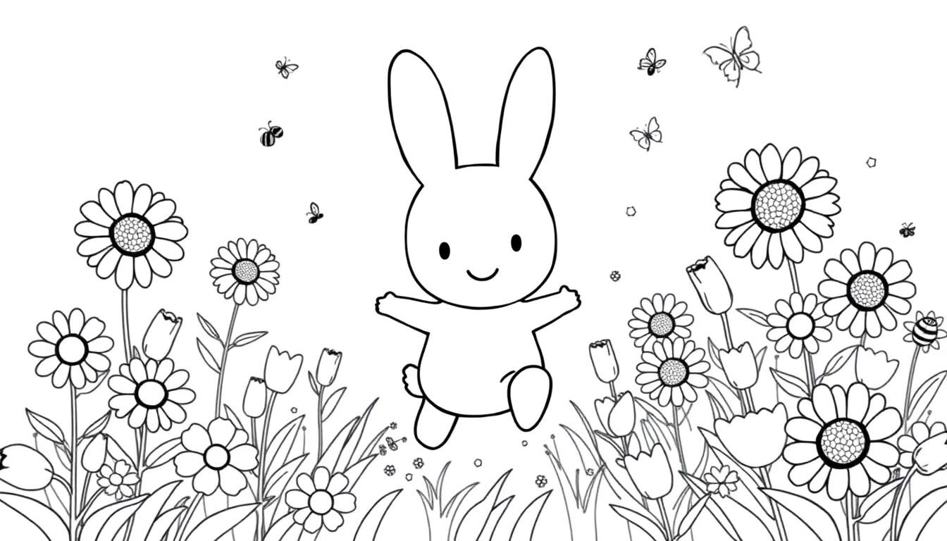 A happy Miffy bunny hopping in a flower field color panel.