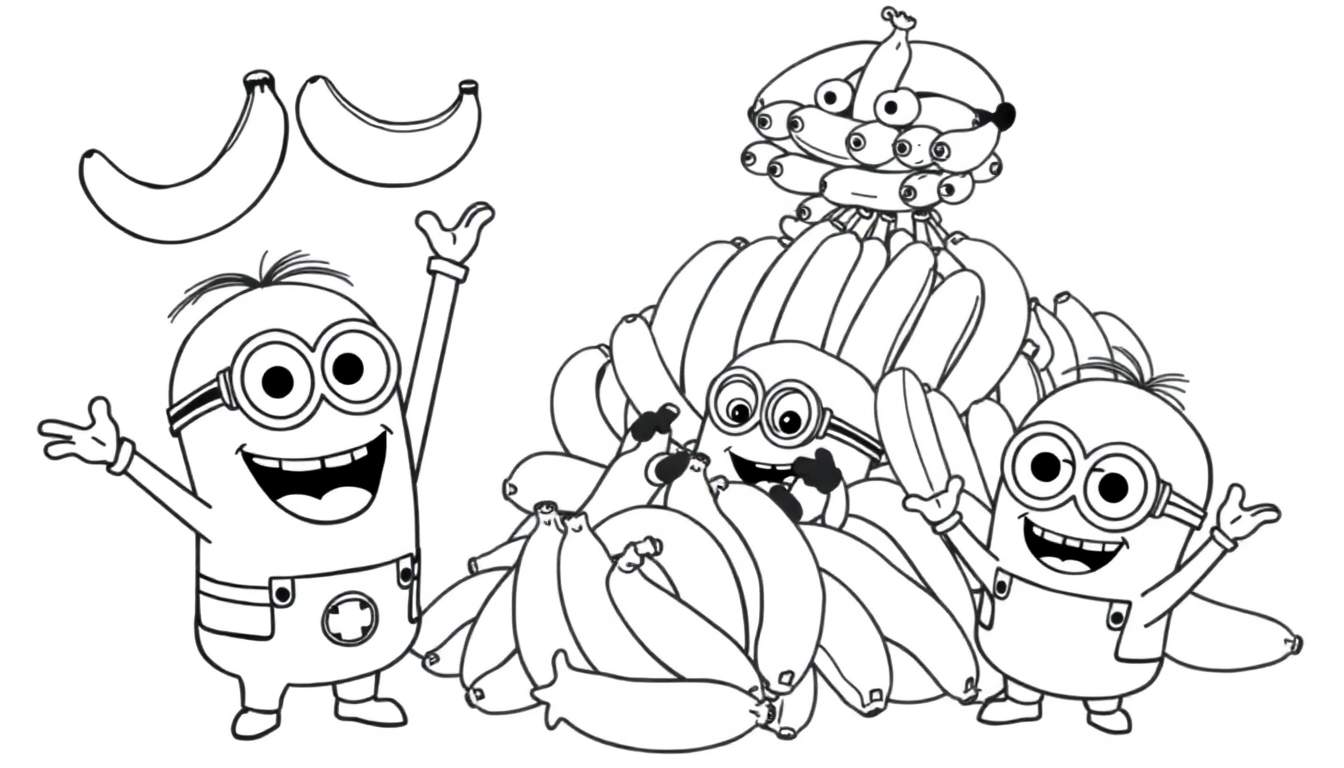 A color panel featuring happy Minions swimming in bananas.