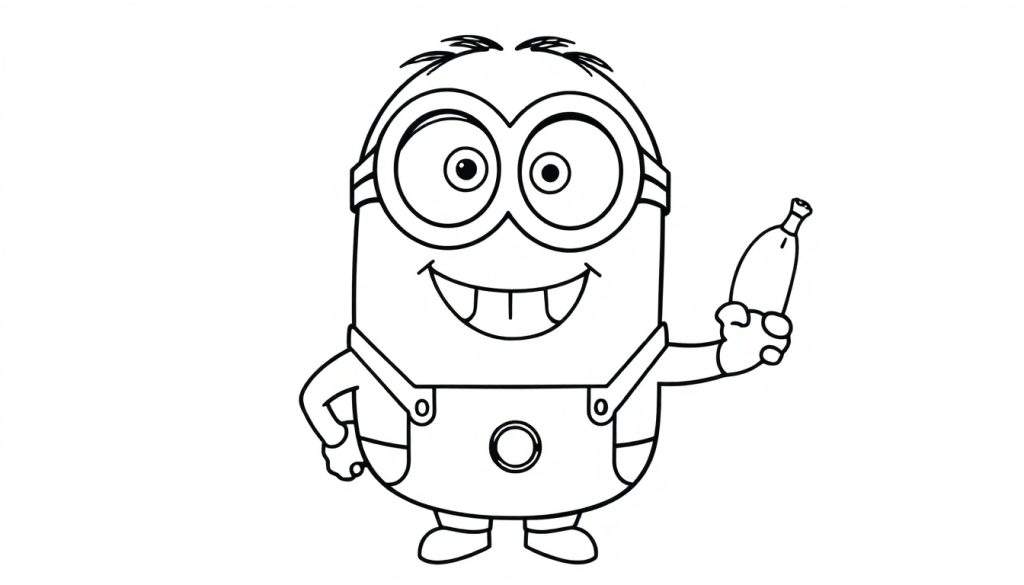 A happy Minion with goggles and overalls holds a banana in this black and white coloring panel.