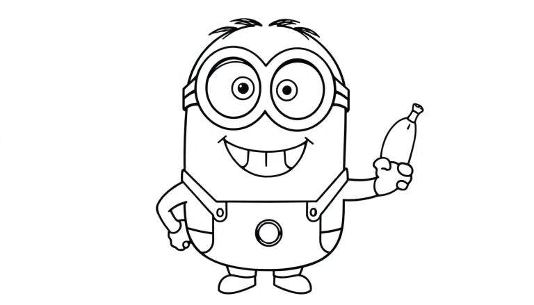 A happy Minion with goggles and overalls holds a banana in this black and white coloring panel.