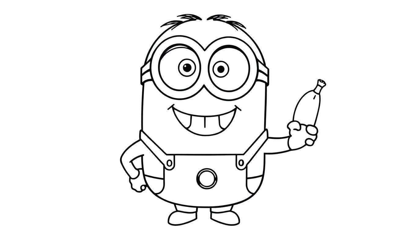 A happy Minion with goggles and overalls holds a banana in this black and white coloring panel.