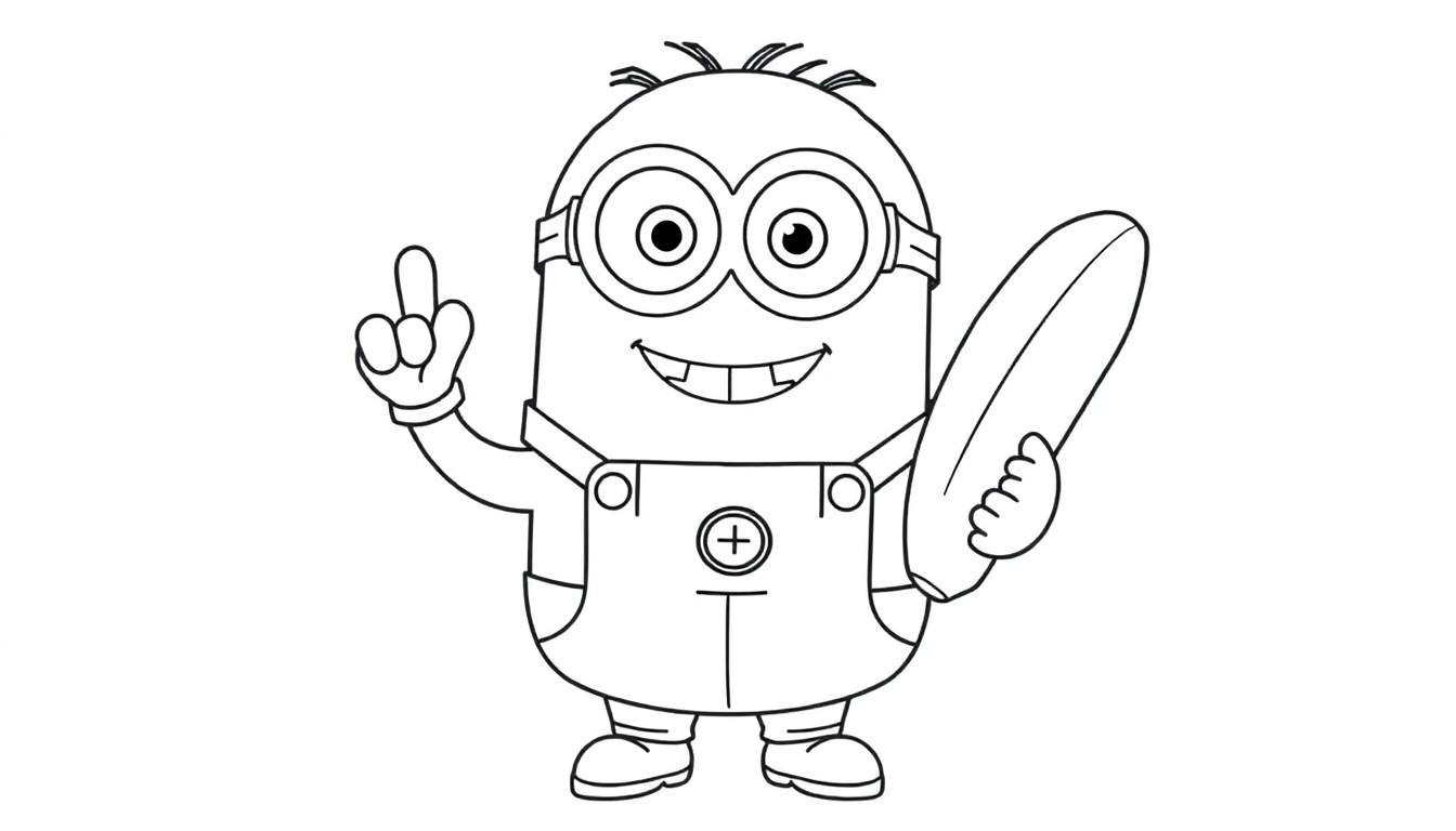 A happy Minion holding a surfboard, ready for a beach adventure, in a black and white color panel.