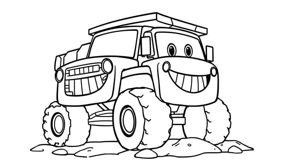 A black and white cartoon monster truck with a big, toothy grin, ready for a color panel adventure!