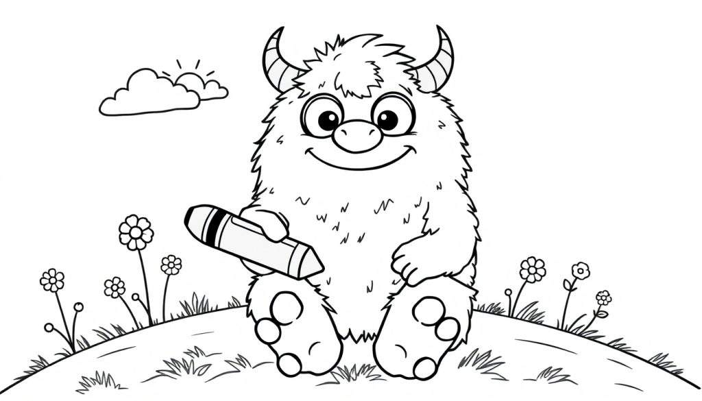 A fluffy monster with horns and glasses holding a crayon, ready to color on a grassy hill. A color panel for fun!