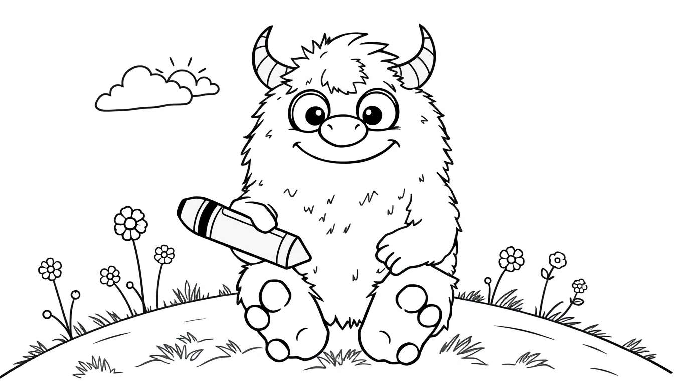 A fluffy monster with horns and glasses holding a crayon, ready to color on a grassy hill. A color panel for fun!