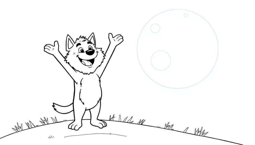 A black and white cartoon werewolf with raised arms on a grassy hill, howling at a moon with craters. Ready for a coloring panel.