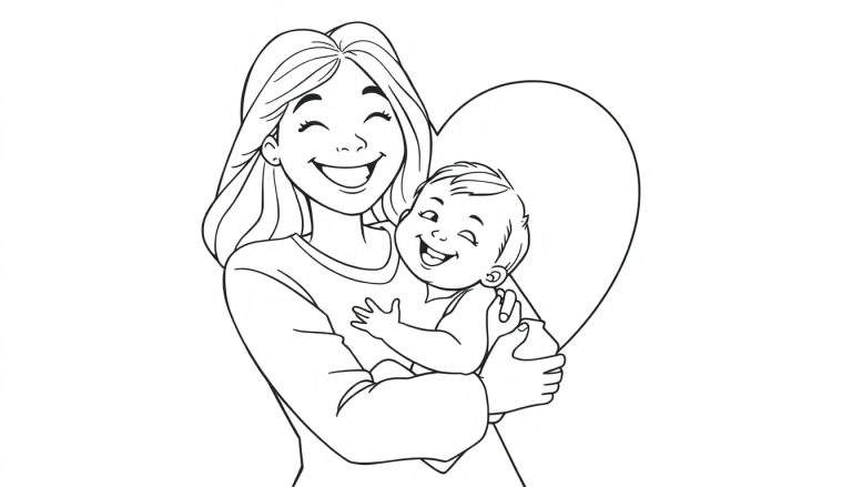 A black and white line drawing for a Mother's Day color panel, showing a happy mom hugging her baby with a big heart.