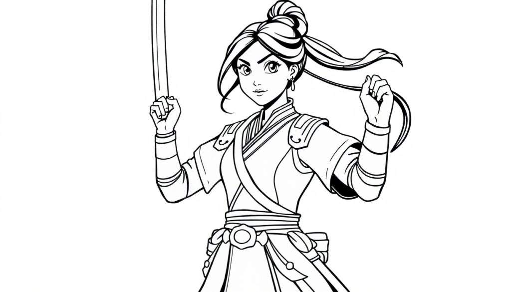 A young warrior girl, Mulan, ready for adventure, a black and white color panel.