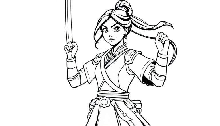 A young warrior girl, Mulan, ready for adventure, a black and white color panel.