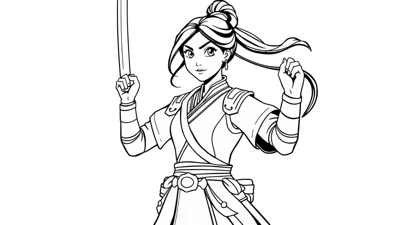 A young warrior girl, Mulan, ready for adventure, a black and white color panel.