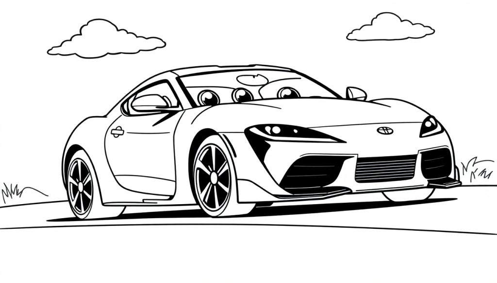 A black and white outline cartoon drawing of a Toyota Supra with large friendly eyes on the windshield, ready for coloring. This color panel features simple clouds and a road.